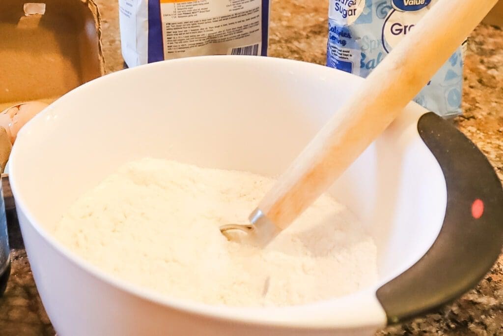 Dry pancake ingredients in mixing bowl