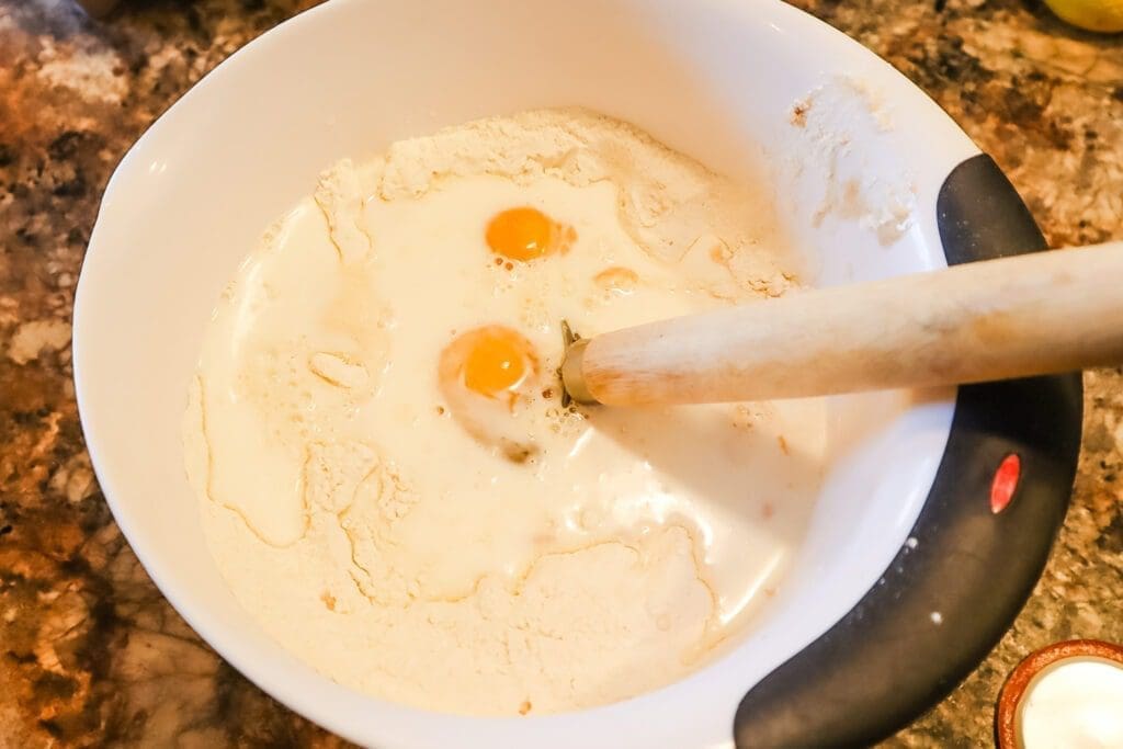 Pancake mix in large mixing bowl